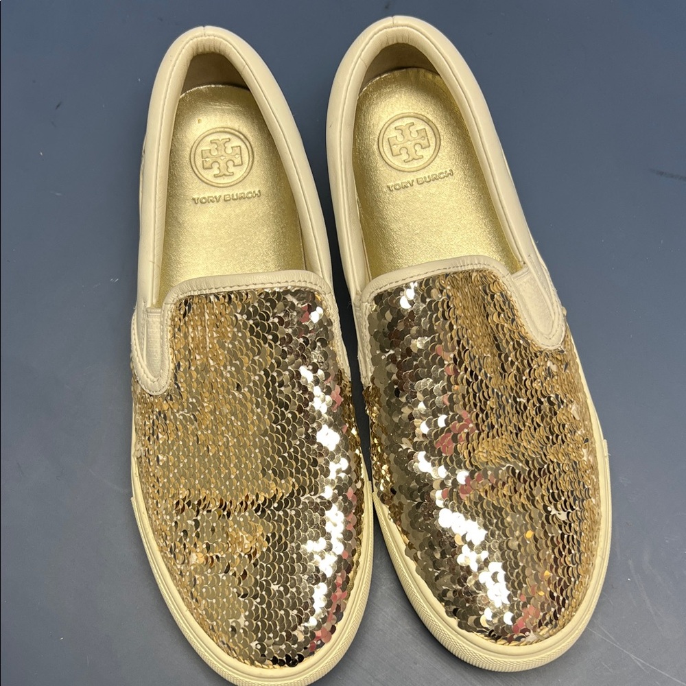 Tory Burch Gold Sequin Slip-On Shoes